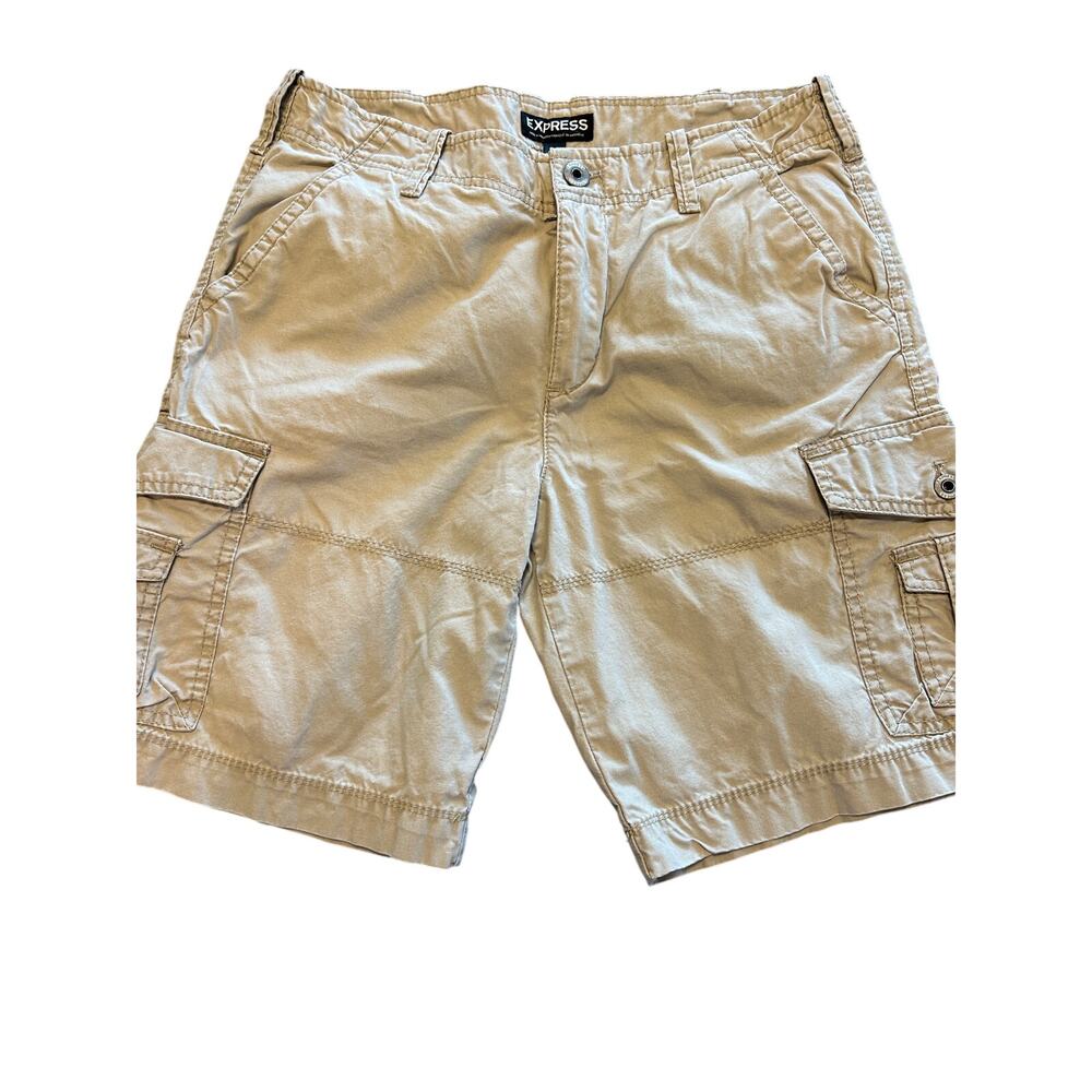 Express Mens 30 Utility Khaki Cargo Shorts Tan Heavy Duty Cotton Gorpcore EUC